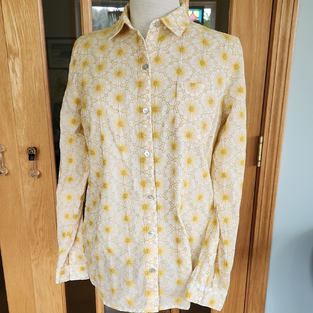 J. Jill Mustard and Cream Floral Embroidered Top